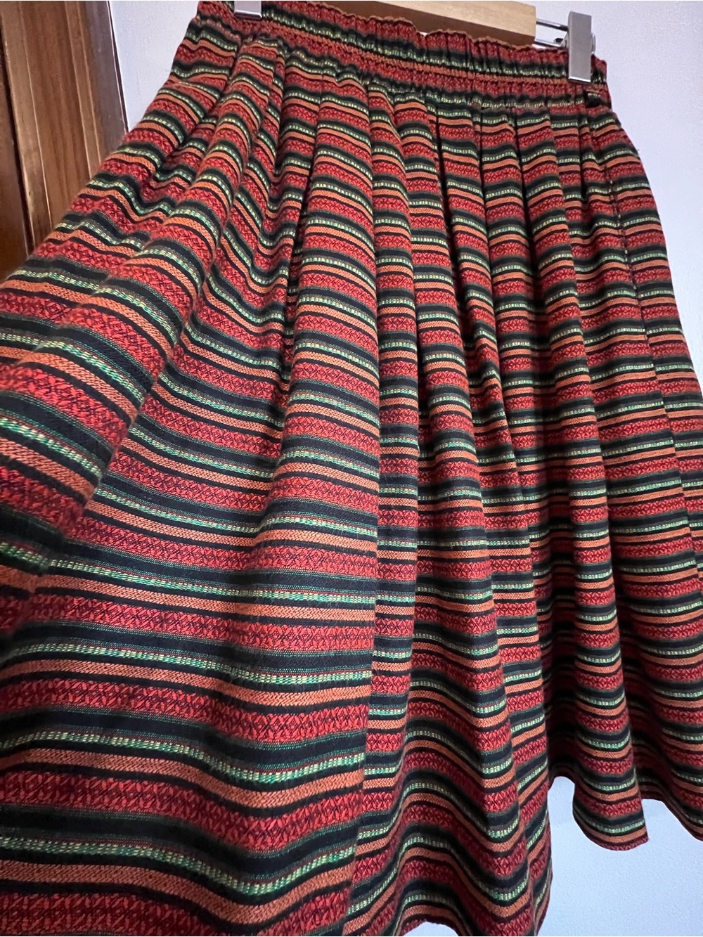 80s Bagatelle Red Striped Circle Skirt w Green, Orange, Yellow and Black Weave